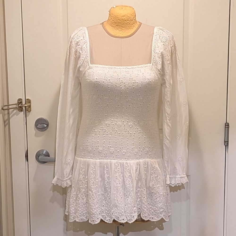 NWT LoveShackFancy XL Jayce 100% Indian Cotton Smocked Ajouré Design Mini Dress